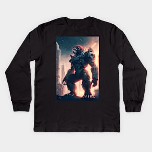 Giant futuristic robot cyborg Monkey attacking the city Kids Long Sleeve T-Shirt